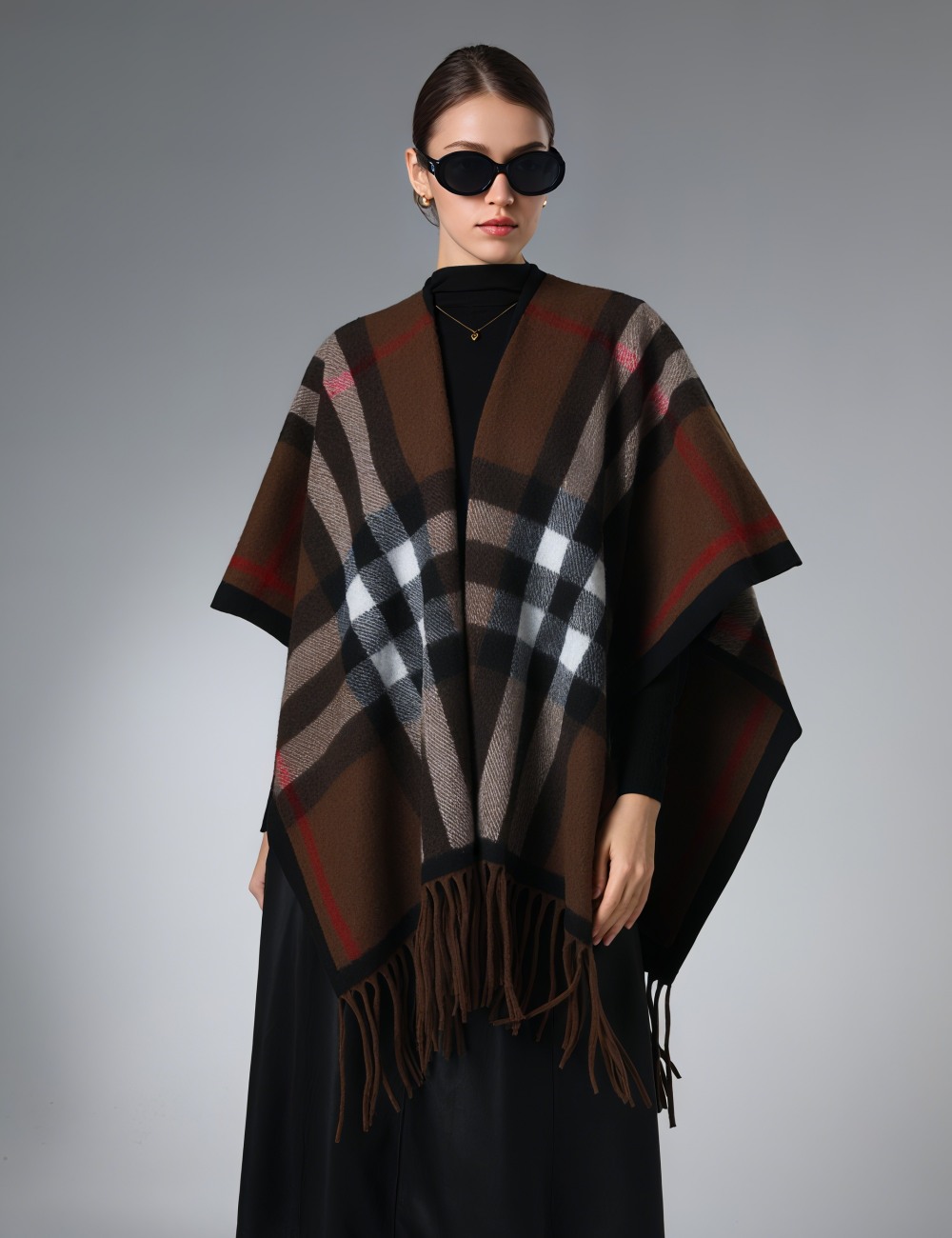 Brown And Red Stripes Plaid Shawl With Fringe