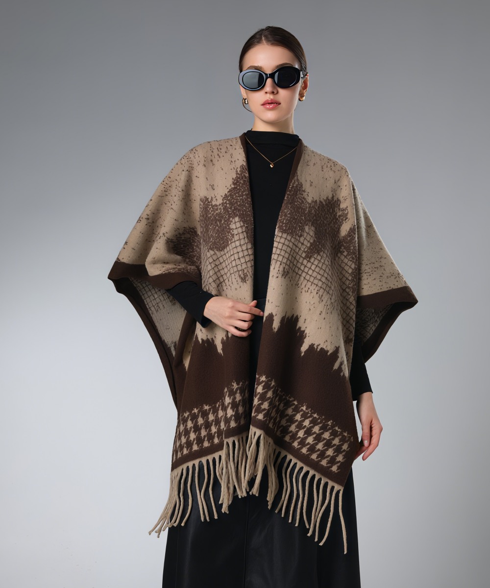 Winter Shawl Wrap Brown Houndstooth Shawl With Fringe Winter Shawl Wrap Brown Houndstooth Shawl With Fringe