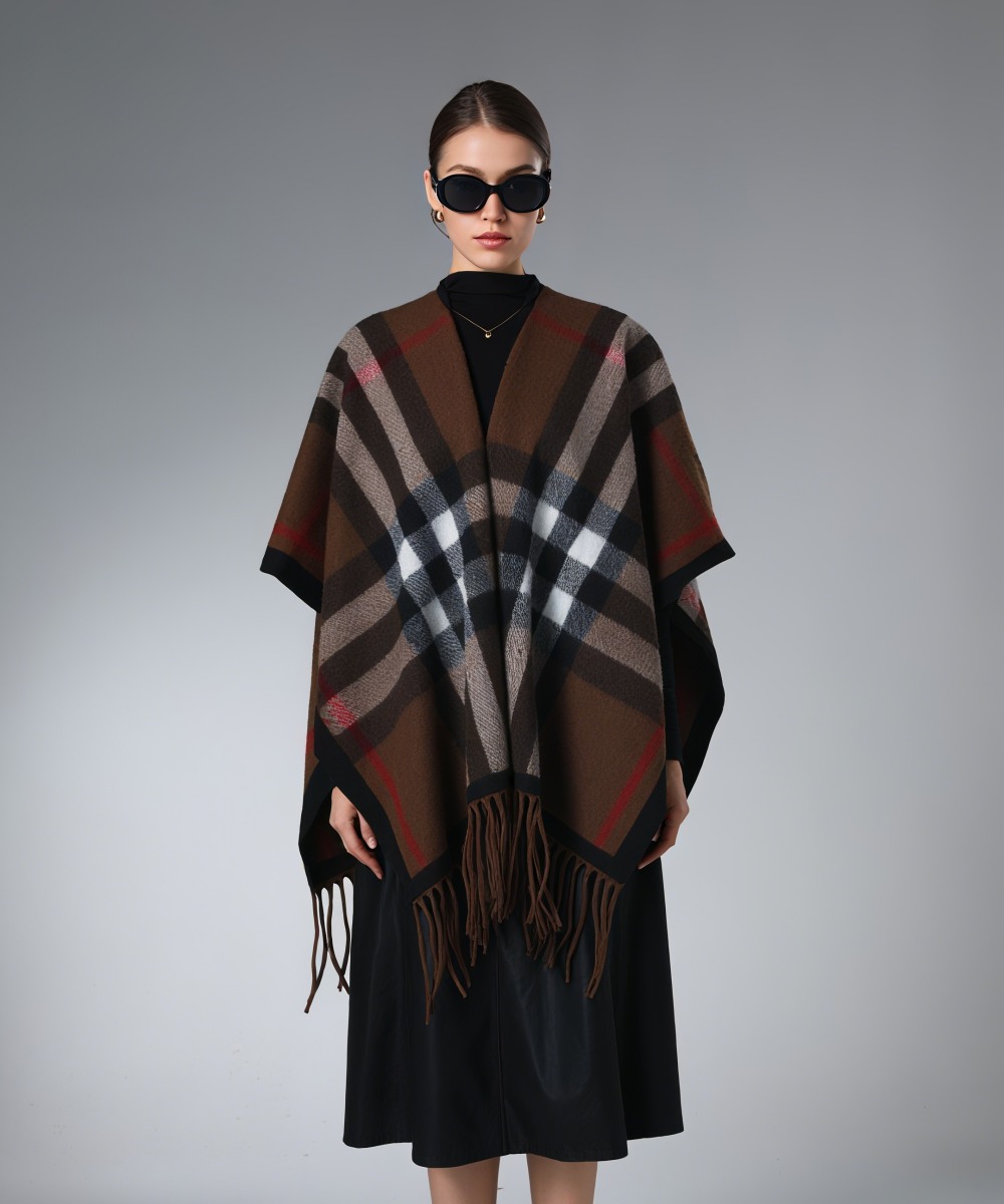 Brown And Red Stripes Plaid Shawl With Fringe