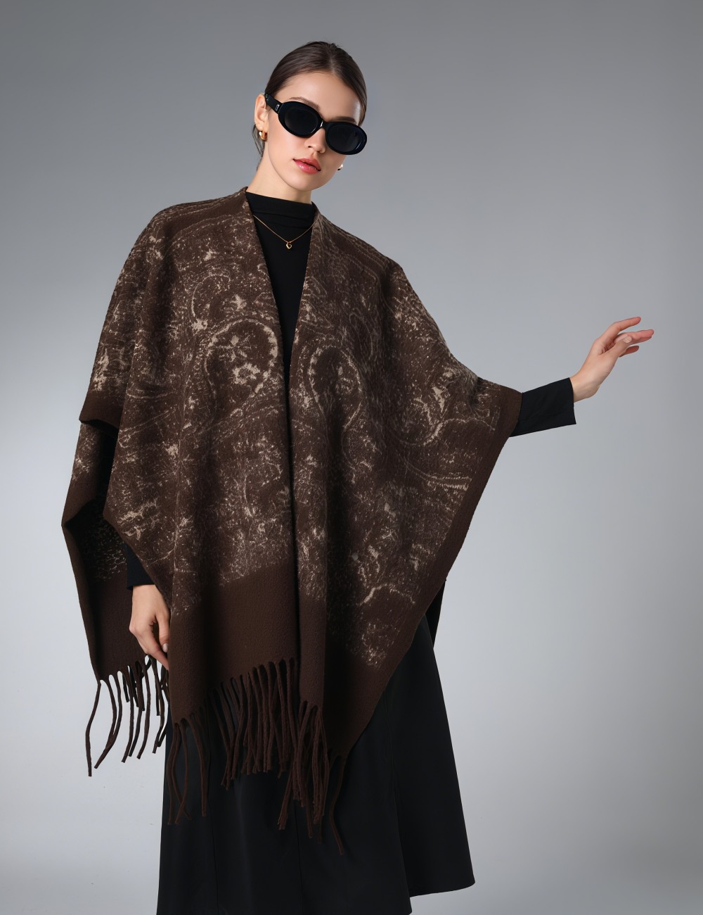 Wholesale Ladies Brown Paisley Shawl With Sleeves