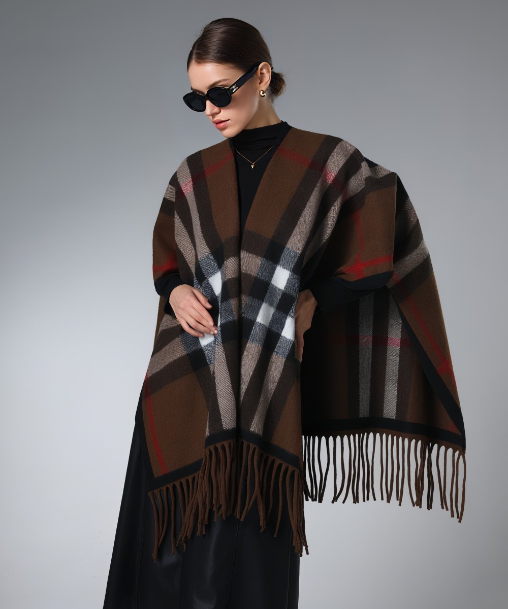 Brown And Red Stripes Plaid Shawl With Fringe
