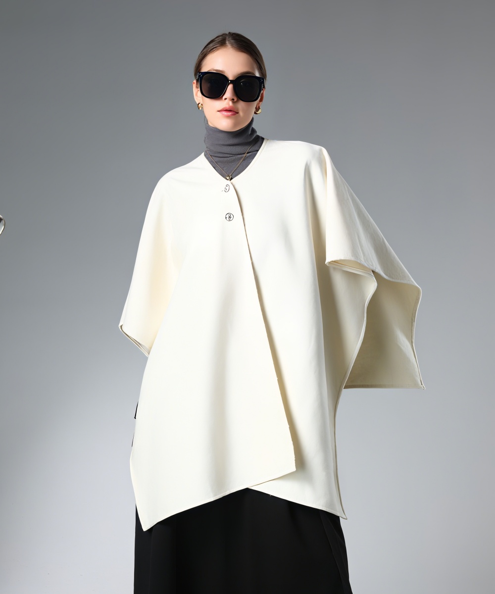 Winter White Cape Shawl With Metal Button