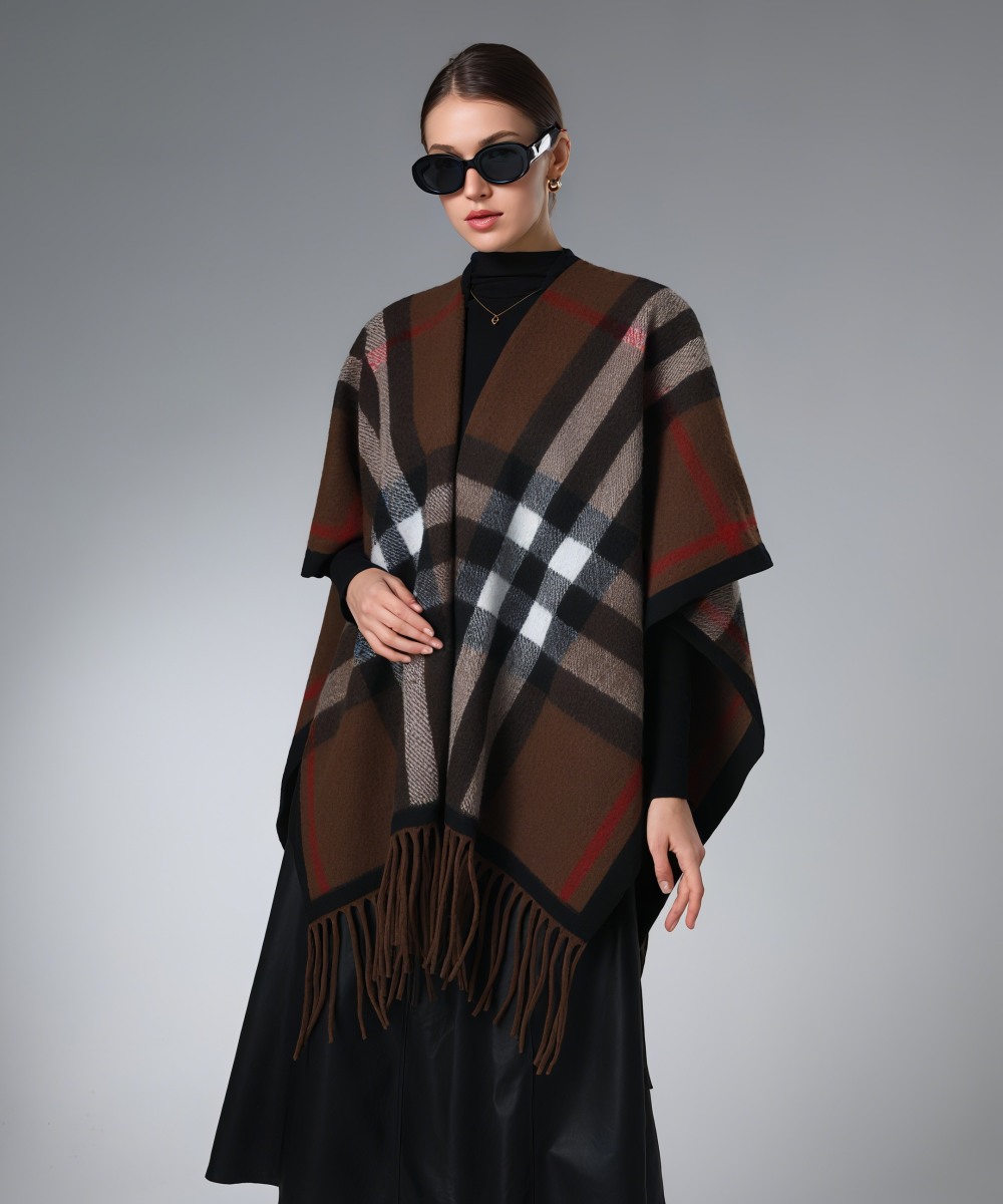 Brown And Red Stripes Plaid Shawl With Fringe