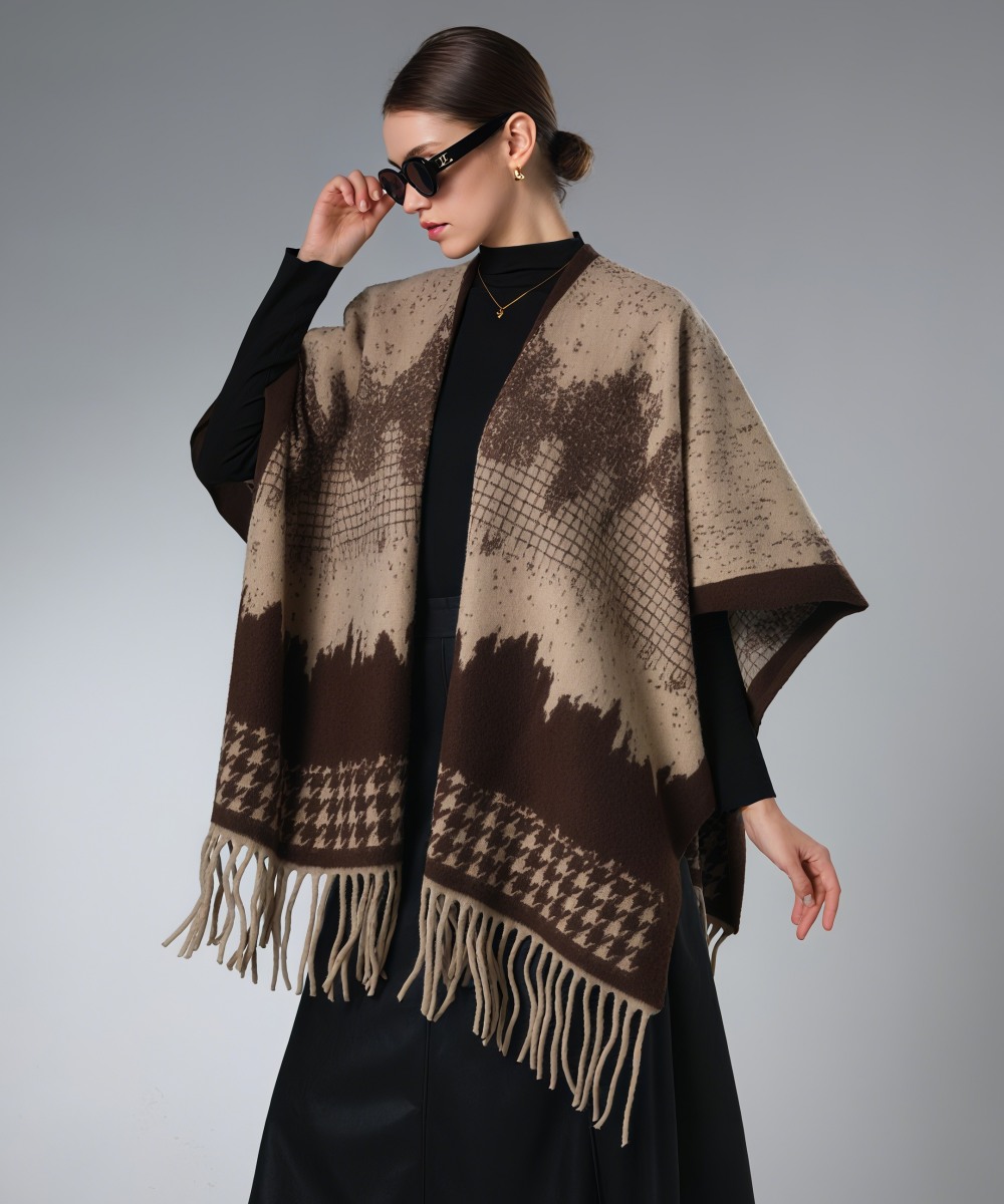 Winter Shawl Wrap Brown Houndstooth Shawl With Fringe