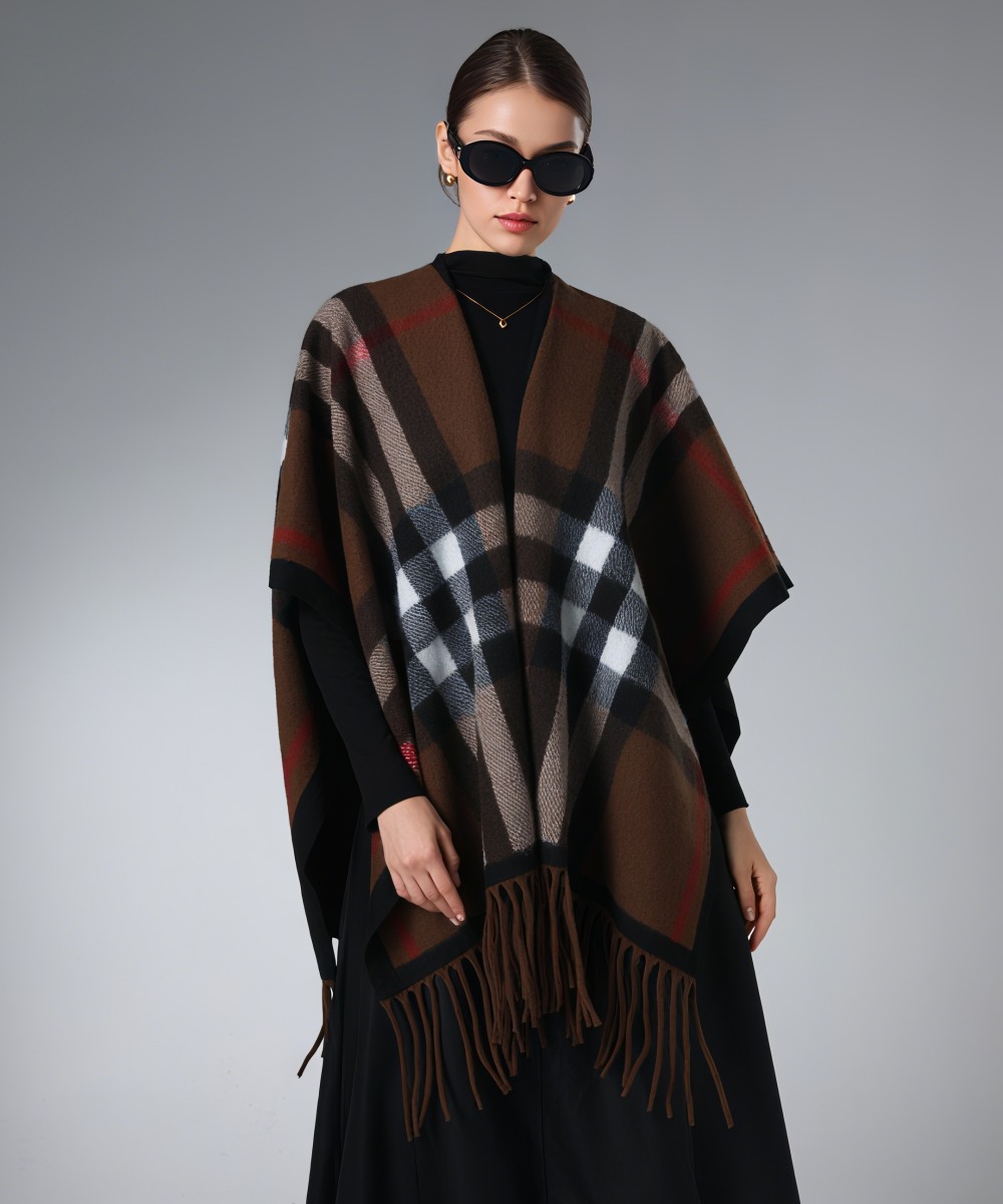 Brown And Red Stripes Plaid Shawl With Fringe Brown And Red Stripes Plaid Shawl With Fringe