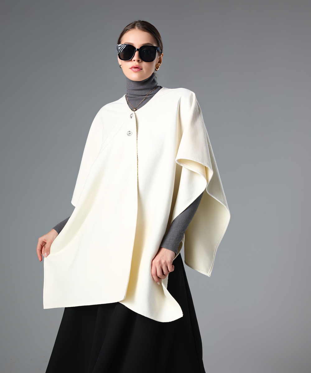 Winter White Cape Shawl With Metal Button