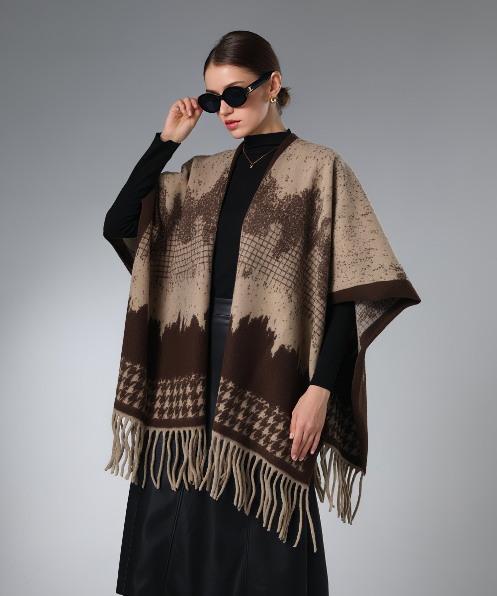 Winter Shawl Wrap Brown Houndstooth Shawl With Fringe