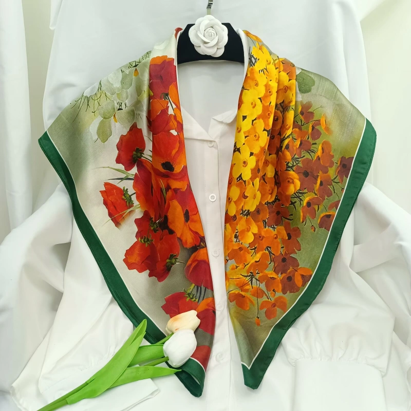 Custom Ladies Luxury Scarves 100 percent Printed Floral Silk Scarf 90x90 Custom Ladies Luxury Scarves 100 percent Printed Floral Silk Scarf 90x90