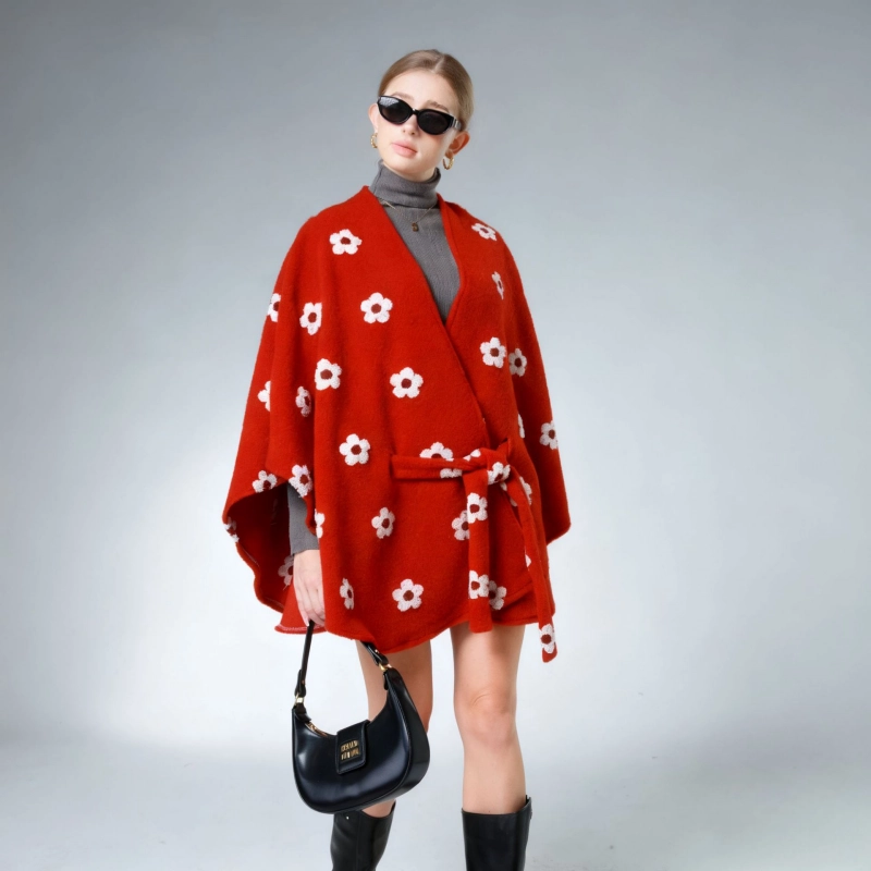 Wholesale Scarlet Sun Flower Polyester Shawl Tie-Waist Wholesale Scarlet Sun Flower Polyester Shawl Tie-Waist