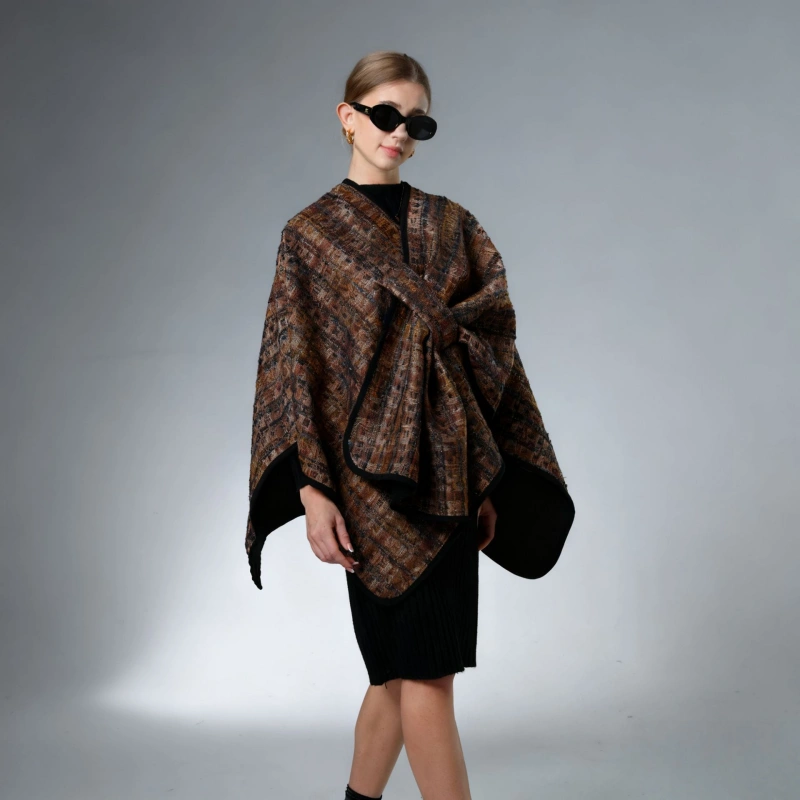 Wholesale Jacquard Chocolate Brown Shawl With Cross-Clip knot Wholesale Jacquard Chocolate Brown Shawl With Cross-Clip knot