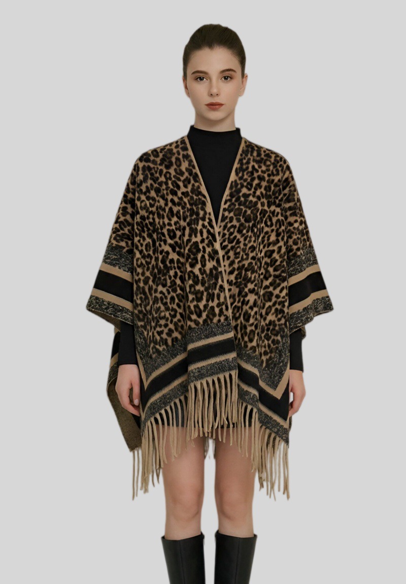 Poncho/chal/capa/bufanda envolvente con flecos y estampado de leopardo para mujer, venta al por mayor, talla única. Poncho/chal/capa/bufanda envolvente con flecos y estampado de leopardo para mujer, venta al por mayor, talla única.