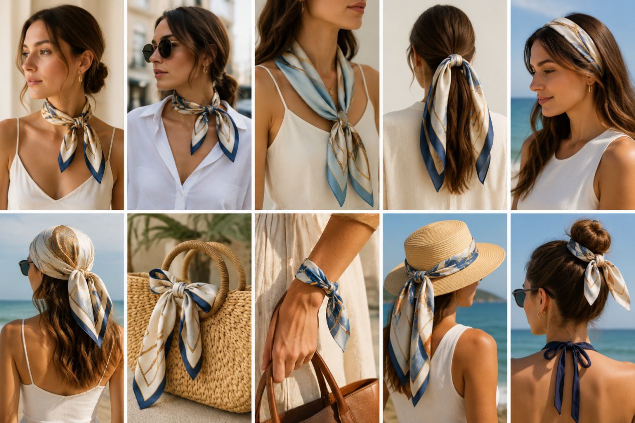 How to Wear a Silk Scarf in Summer 10 Chic Ways for Neck, Hair, Bag, and Beach Styling