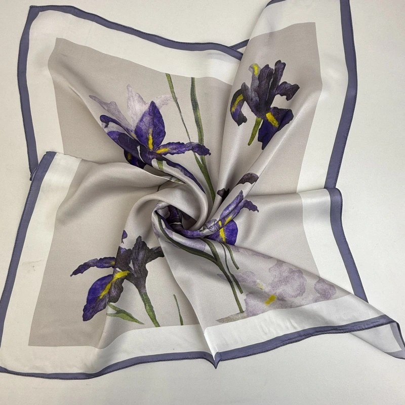 Wholesale 100% Pure Mulberry Silk Iris Scarf Luxury Purple Floral Silk Scarves Bulk