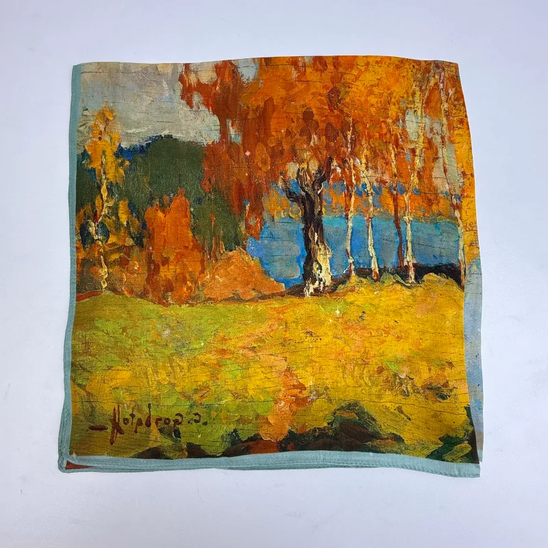 Multi Color 100% Mulberry Silk Autumn Tree Oil Painting Scarf silk head scarf