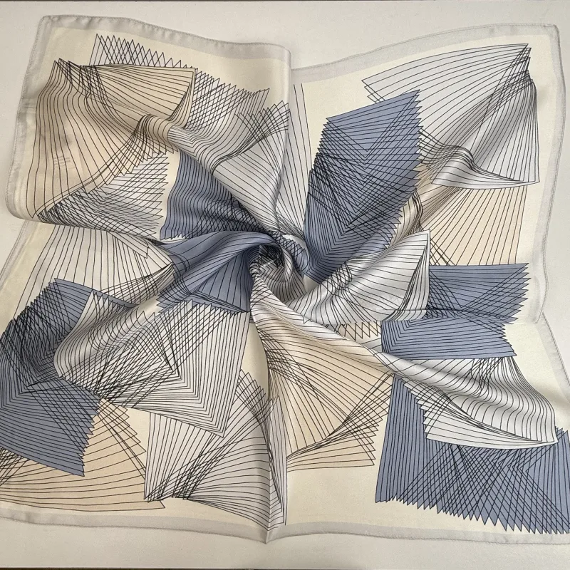 Venda por grosso 100% Pure Mulberry Silk Blue Geometric Scarf Modern Linear Pattern Silk Scarves Bulk
