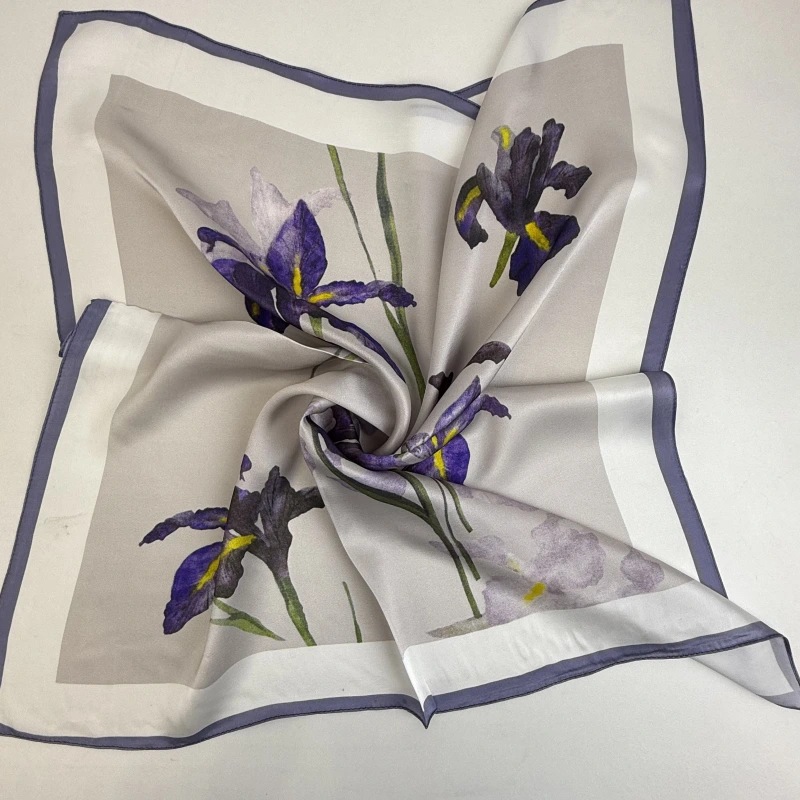 Wholesale 100% Pure Mulberry Silk Iris Scarf Luxury Purple Floral Silk Scarves Bulk