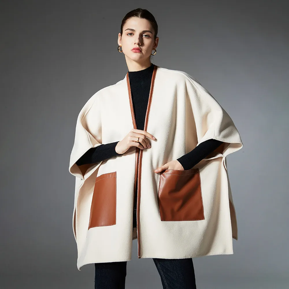 Beige designer shawl wrap with pockets for wholesale assortment planning