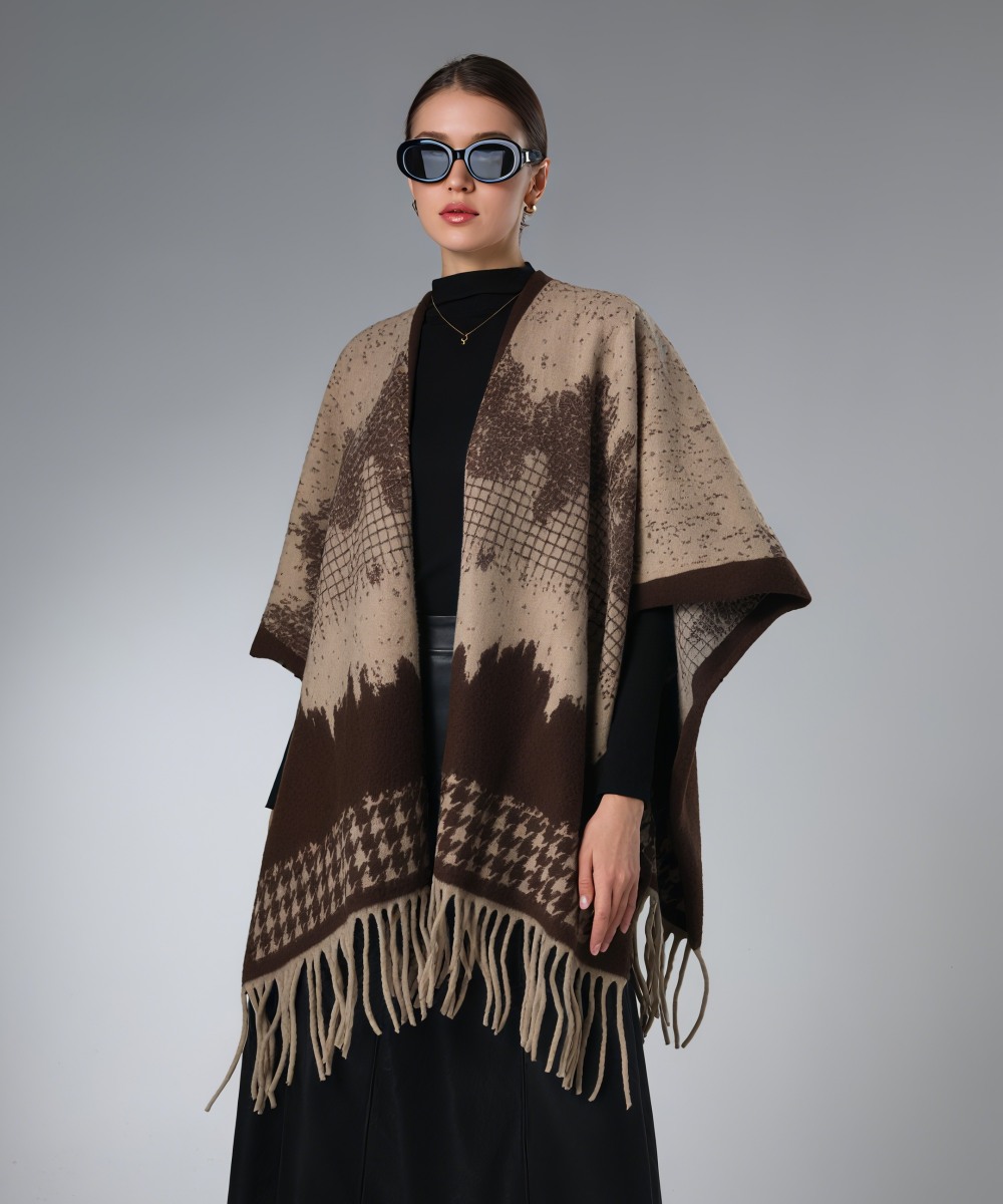 Brown houndstooth winter shawl wrap with fringe for seasonal retail buying