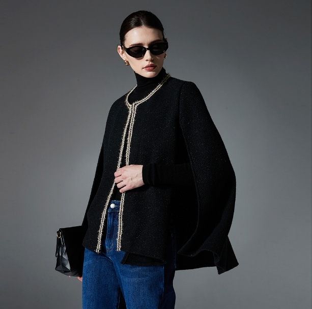 Sleeveless black formal shawl for holiday and winter occasion retail sourcing