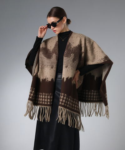 Brown fringed winter shawl showing its open side and sleeve contact