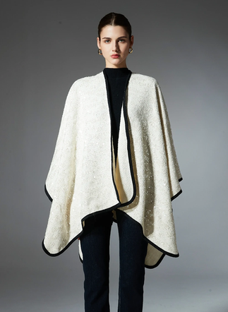 White sequined evening shawl shown in a full garment view